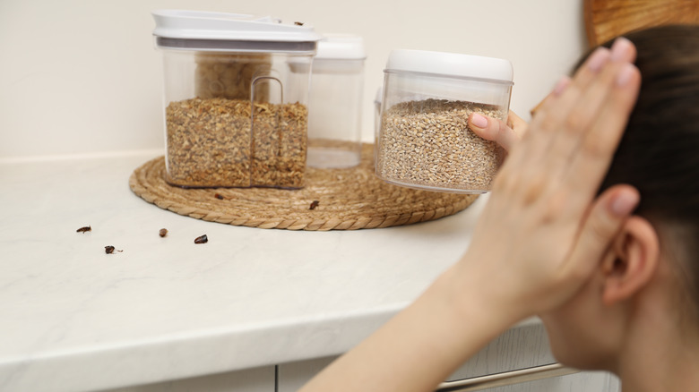 Woman looking at cockroaches near food item in kitchen