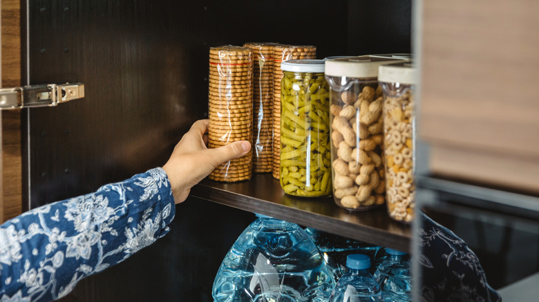 Close up of woman hand storing food items in cabinet
