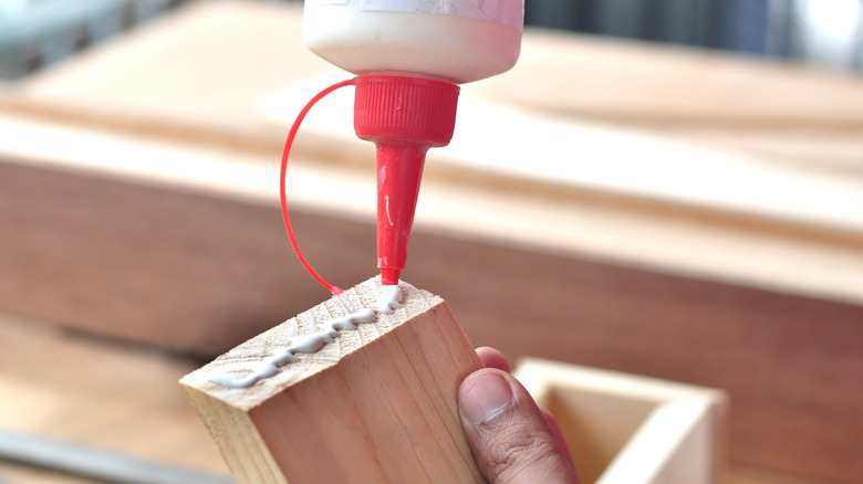 Putting wood glue on the end of a plank