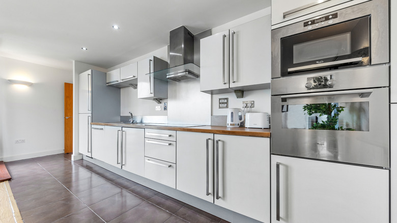 a modern kitchen containing appliances and cabinet hardware with stainless steel finishes
