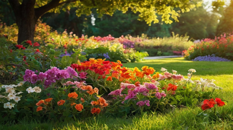 colorful garden flowers growing in clumps
