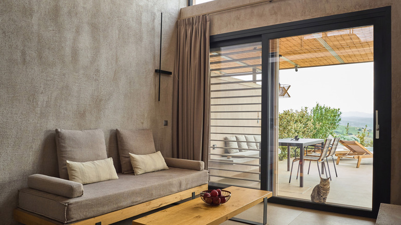 Sliding doors with large blinds and curtains