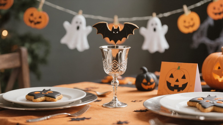 festive halloween decorations with pumpkins, ghosts, and bats
