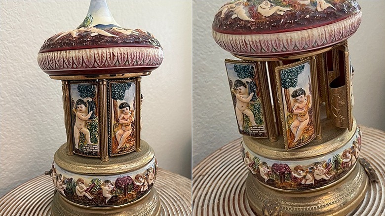 A closed cigarette carousel on the left and a partly open device on the right.