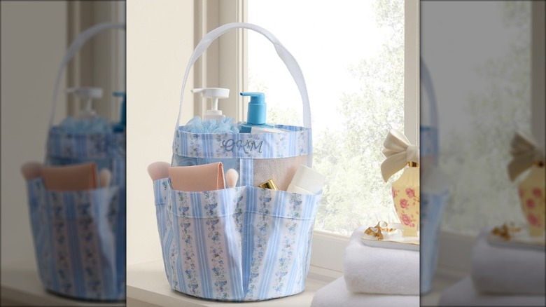 Potter Barn Teen shower caddy sits next to a window