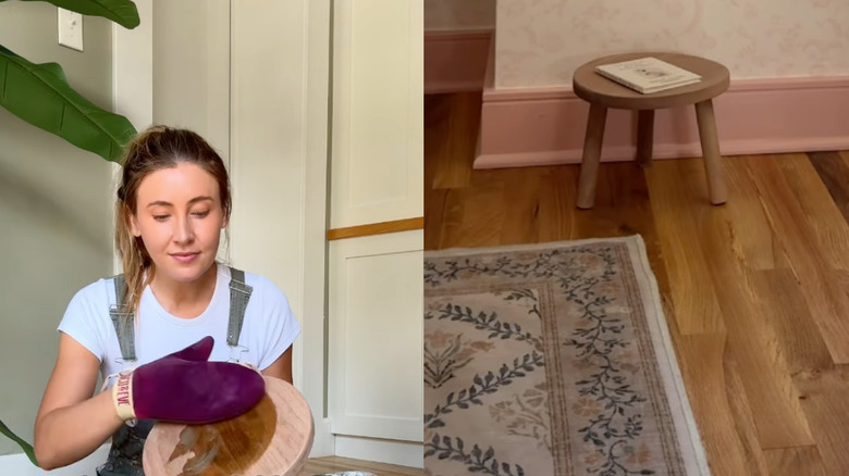 Before and after of applying self-tanner to small stool