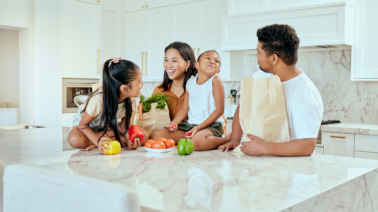 A family sits on top of their kitchen countertop.