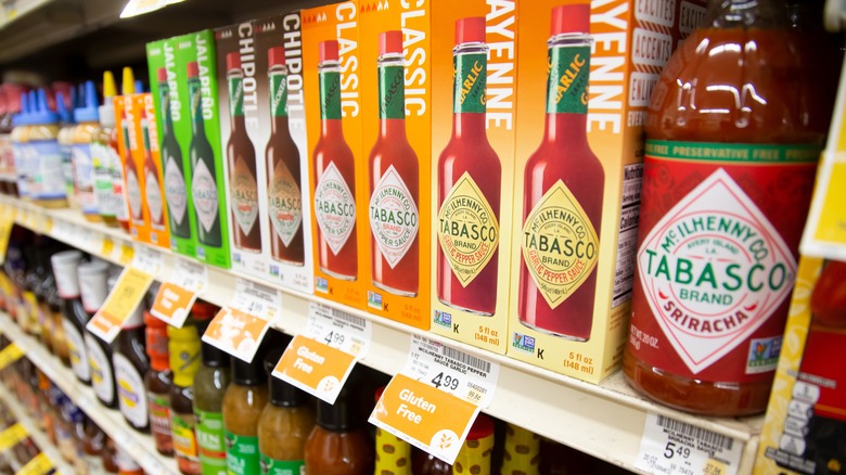 shelves stocked with Tabasco