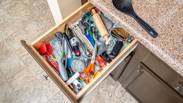 Messy kitchen drawer