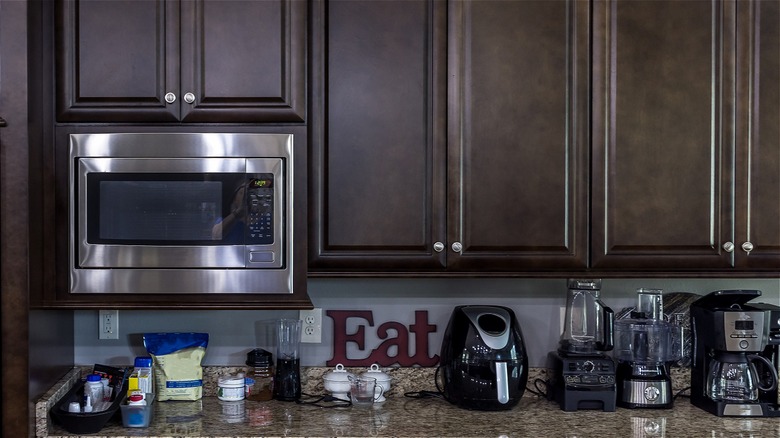 counter crowded with appliances
