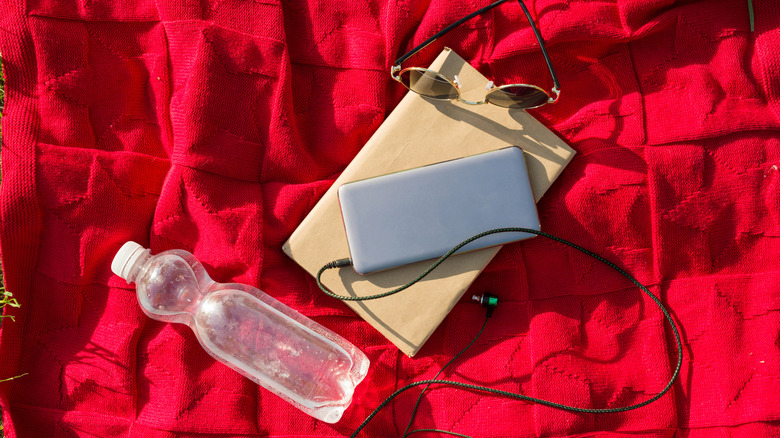 Water bottle, phone, sunglasses, headphones, and book on red blanket