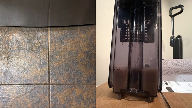 A side-by-side photo shows a dirty tile next to a clean one, and a second photo shows dirty water filled with hair and debris inside the Tineco Floor One S9 tank
