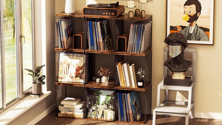 Stacked wooden and iron mesh cubes hold records and books