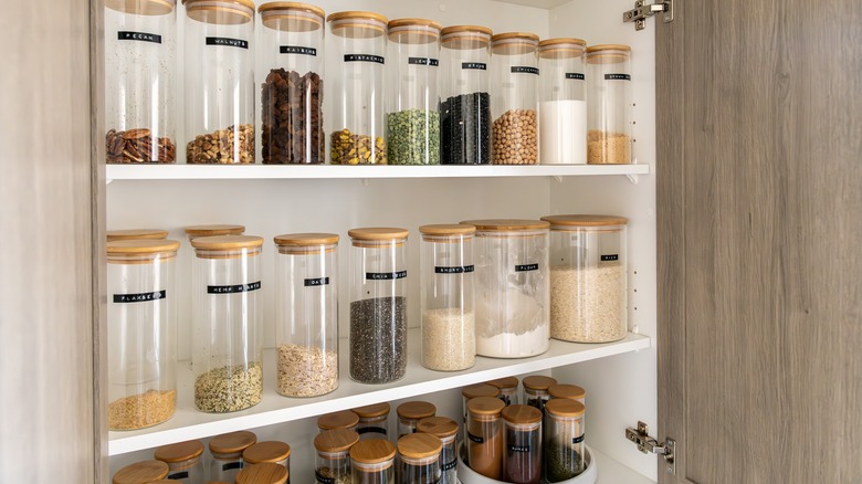 Spice jars lined up in a pantry