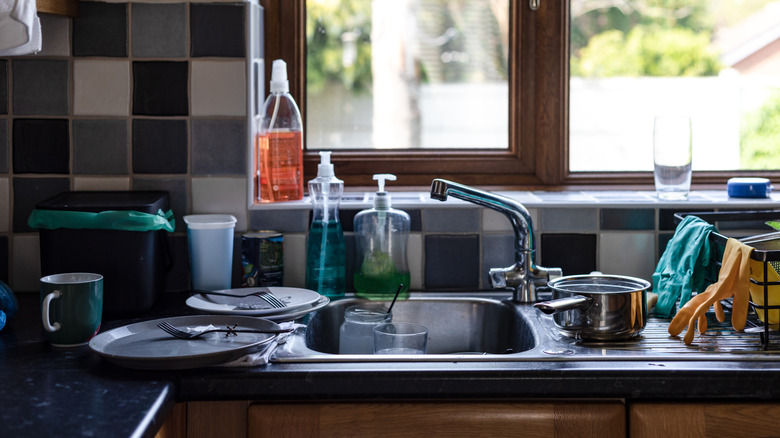 Cluttered kitchen counters.