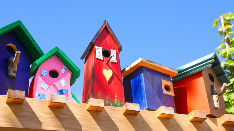 A variety of colorful birdhouses to attract birds to the yard