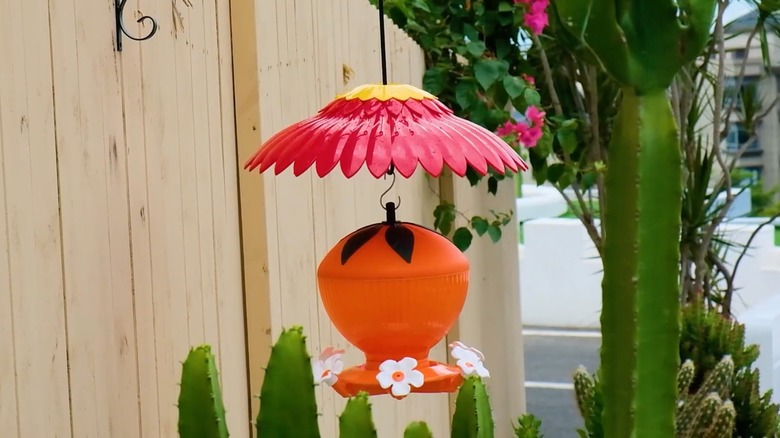 A Beserie squirrel baffle for hanging bird feeder