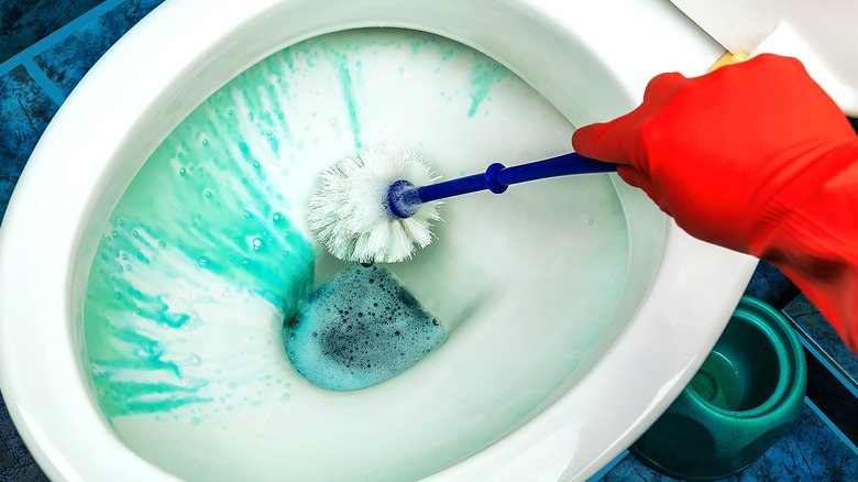 Hand scrubbing away toilet cleaner