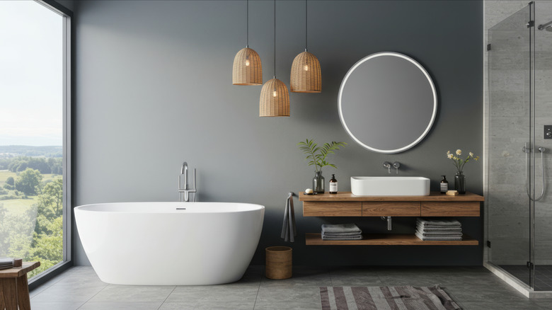 A modern bathroom with a freestanding white bathtub beside a large window, a wooden vanity, and a round wall mirror