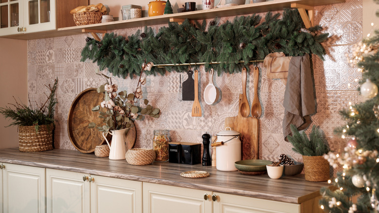 A cozy kitchen decorated for Christmas