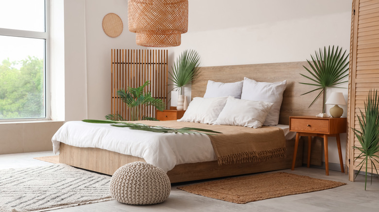 A staged bedroom with wooden bedside tables on either side of the bed.