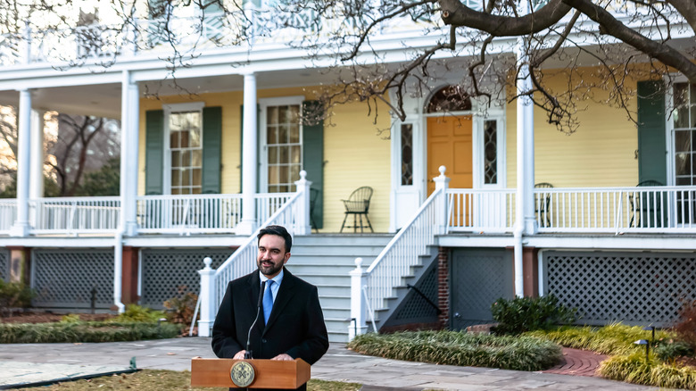 Mayor Zohran Mamdani speaks at a press conference during moving day at Gracie Mansion on January 12, 2026 in New York City. Mayor Mamdani and his wife Rama Duwaji have moved from their one-bedroom Queens apartment to Gracie Mansion on the Upper East Side of Manhattan. Gracie Mansion has housed most of New York City's mayors for decades.