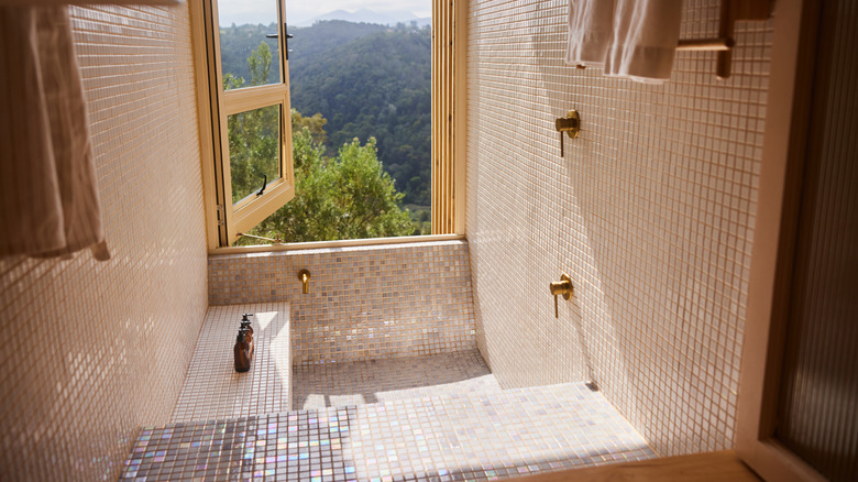 Mosaic tiled shower with open window overlooking forest