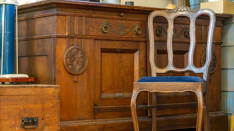 Antique desk, chest and chair