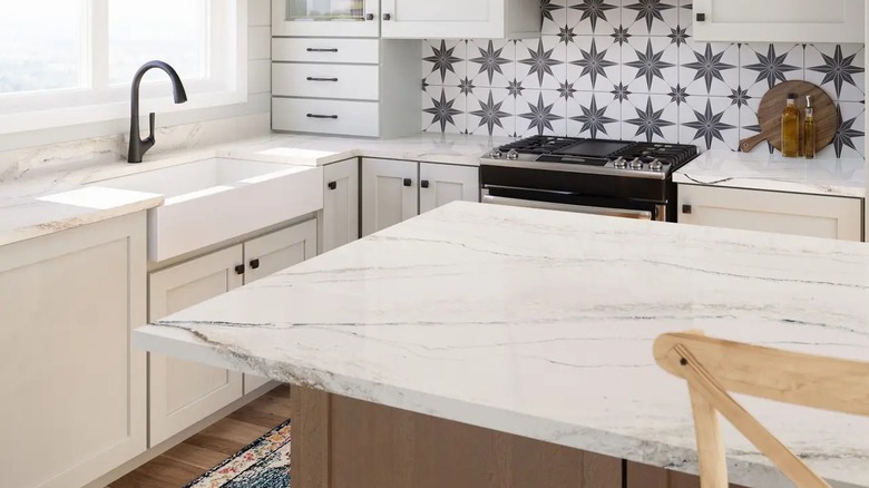 Closeup of a high-quality quartz countertop in a traditional-style kitchen