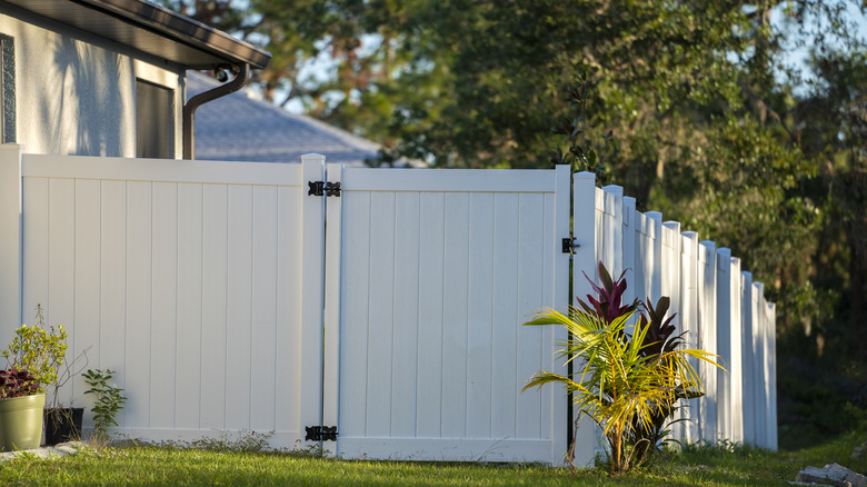 A white vinyl fence encloses a side yard