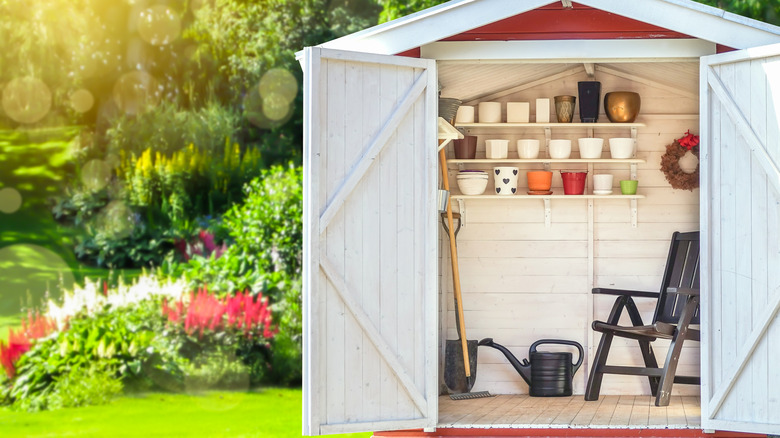 Garden shed filled with gardening tools.