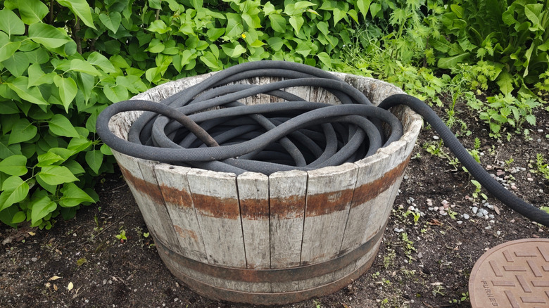 Coiled black garden hose stored in a wooden barrel