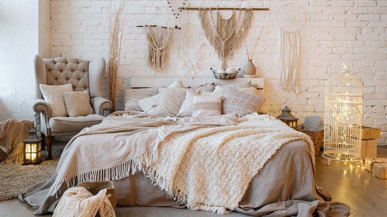 bohemian bedroom with blankets 