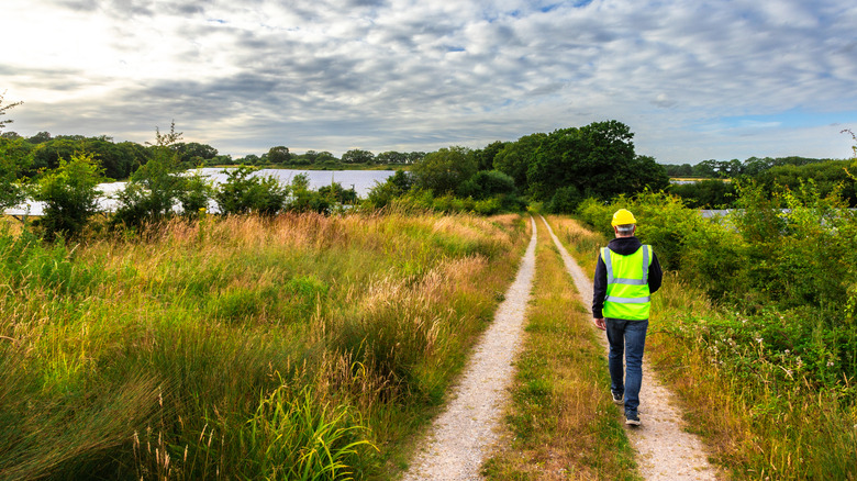 A man in a safety vest walks along a dirt path through a large plot of land