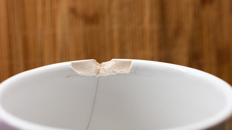A close-up of a chip in a ceramic dish