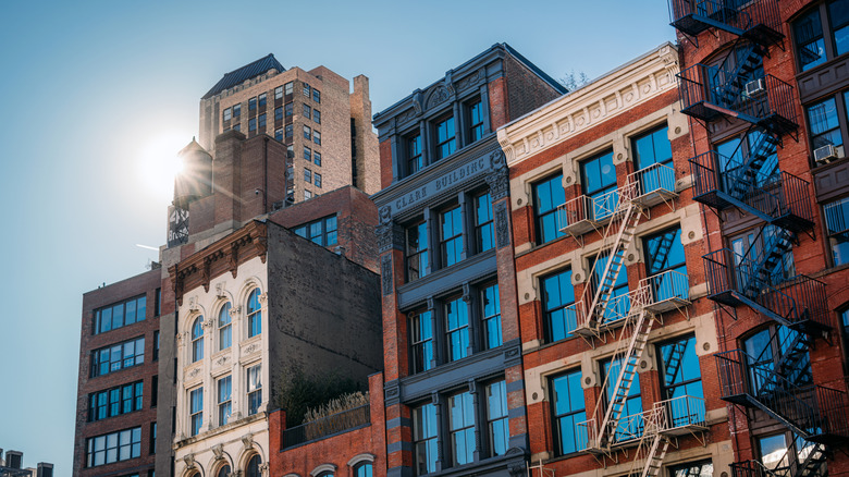 The facades of apartment buildings in New York City