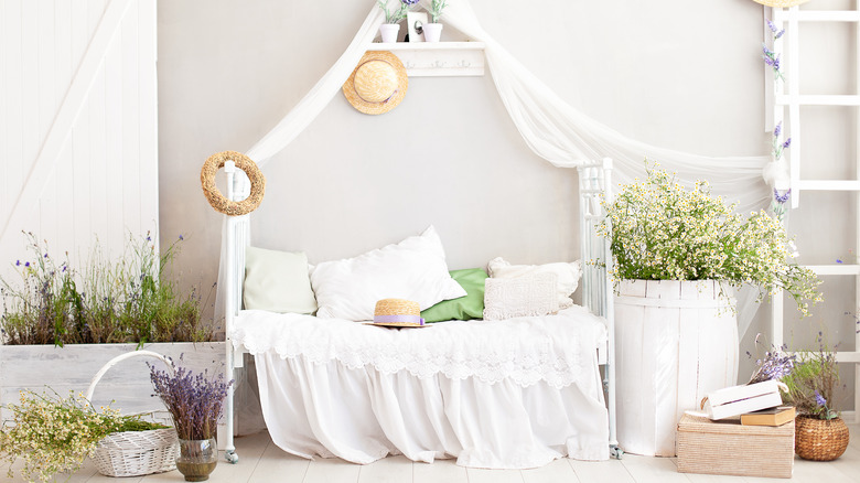 white bedroom with lavender