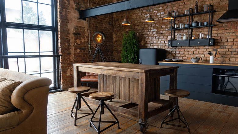 industrial kitchen with brick wall