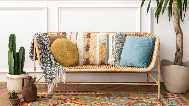 pillows and throw on wicker sofa 