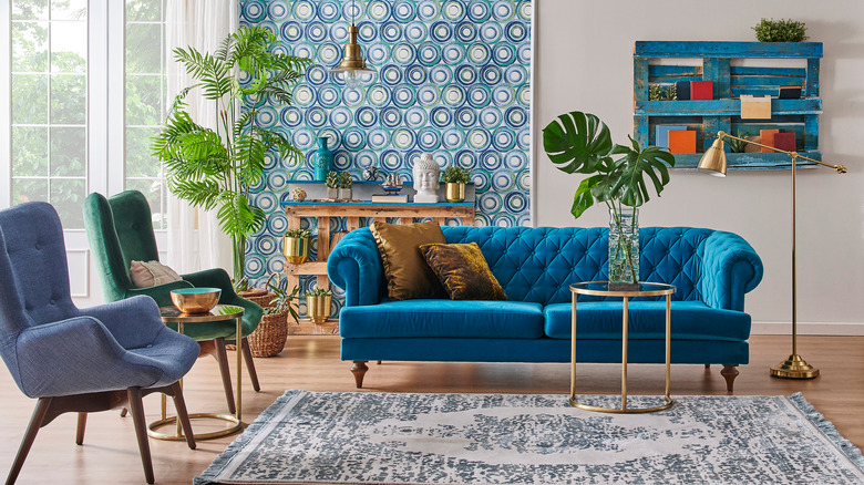 living room with blue couch