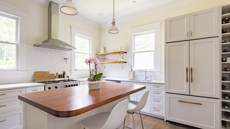 open shelving in peaceful kitchen