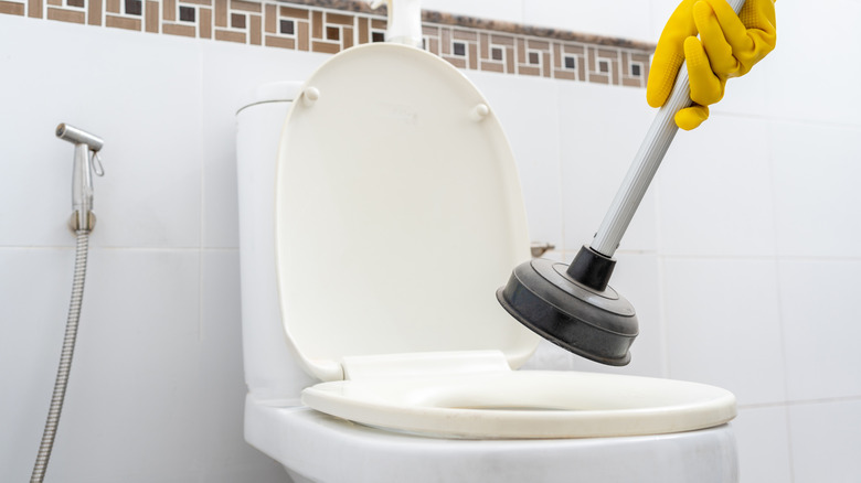Gloved hand holding a plunger above toilet bowl