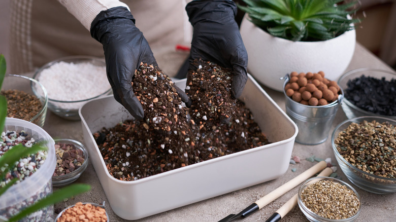A person, wearing gardening gloves, mixes charcoal and other ingredients into a potting mix for houseplant