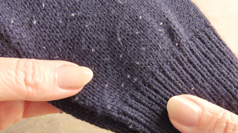 A close-up shot of a woman holding a purple wool sweater that's heavily pilled