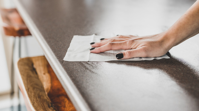 Person cleaning kitchen counter