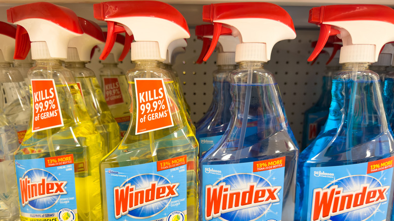 Close up on Windex bottles on store shelf