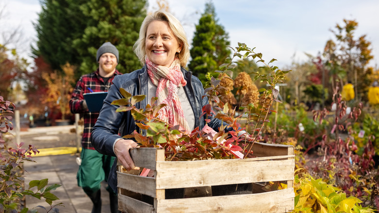 woman carrying crate with plants in fall season
