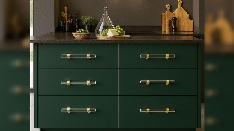 Clear acrylic pull installed on pull drawers cabinet.