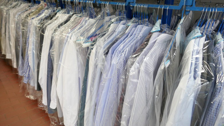 Dry cleaning bags at dry cleaning facility