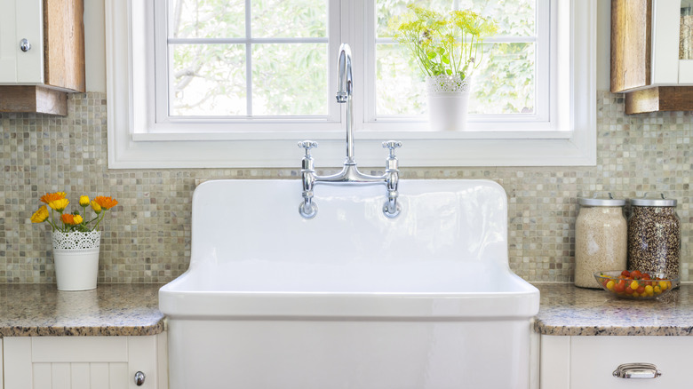 porcelain kitchen sink under window